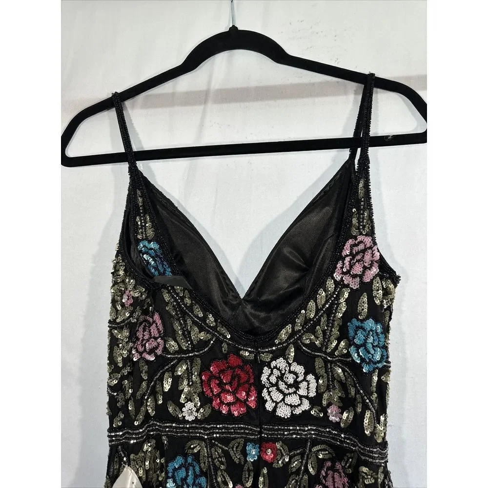 NWT $698 Mac Duggal [ 8 ] V Neck‎ Embellished Floral Sequined Gown Black #G1635 - Picture 14 of 15